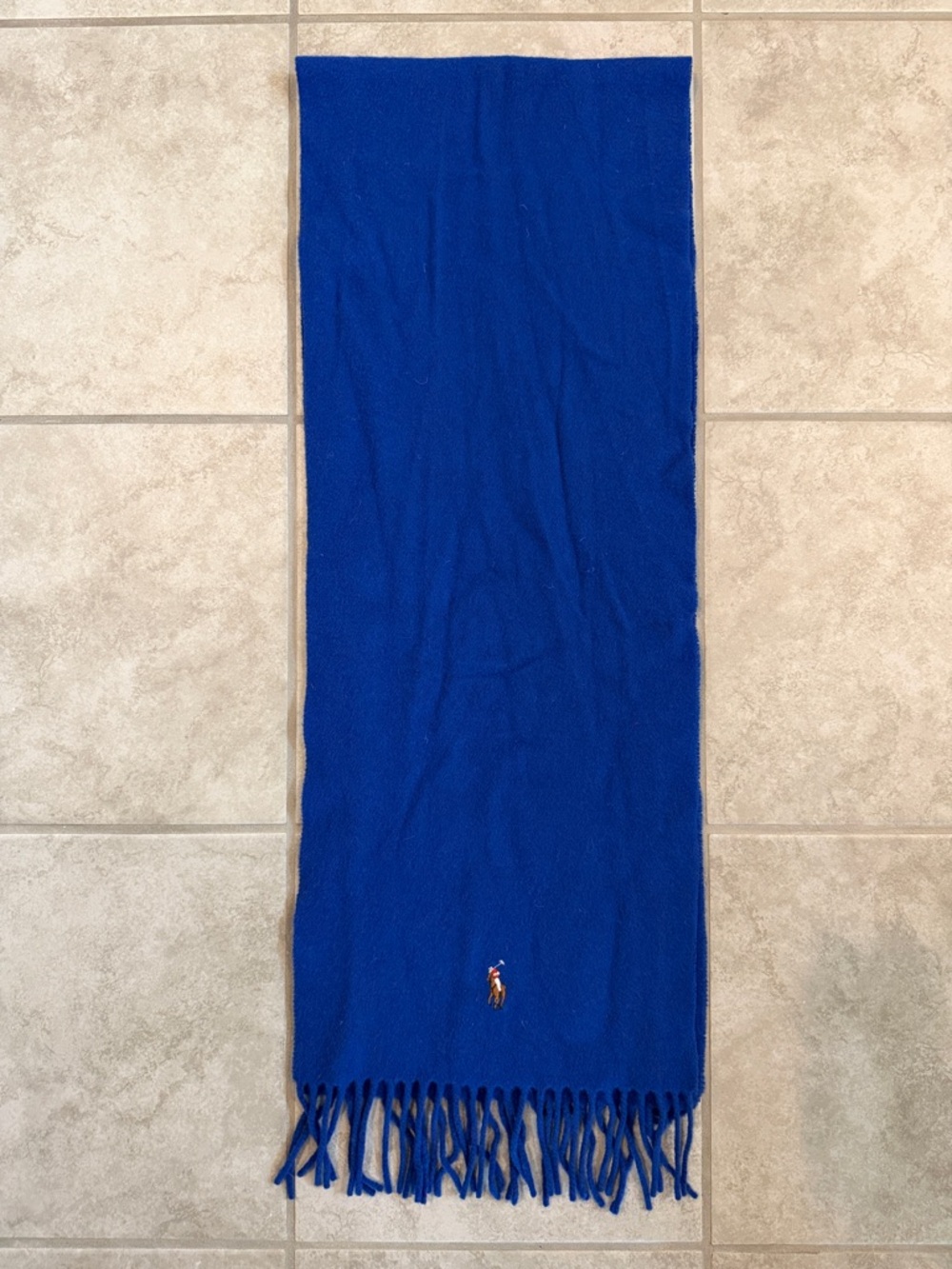 POLO Ralph Lauren Cobalt Blue Fringed Wool Scarf with Pony Embroidery - Picture 6 of 9